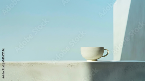 Vegan plant-based soy flat white cup of coffee in modern contemporary minimalist trendy stylish cafe isolated against light blue background, outdoors, sunny, bright. Clean clear aesthetic visual photo