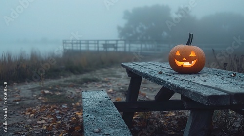 One spooky halloween pumpkin, Jack O Lantern, with an evil face and eyes on a wooden bench, table