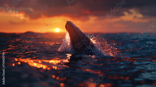 A grey whale spy hops during sunset in the blue sea. © Ghazanfar