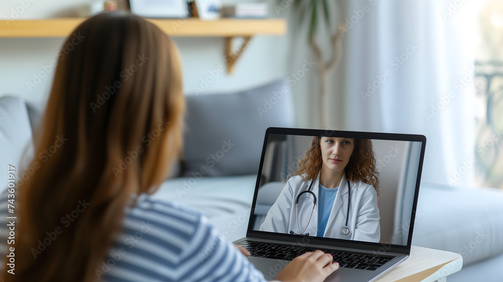 Telemedicine concept. Young lady consulting her doctor on laptop computer, using webcam from home. Telemedicine concept. Young lady consulting her doctor on laptop computer, using webcam from home.