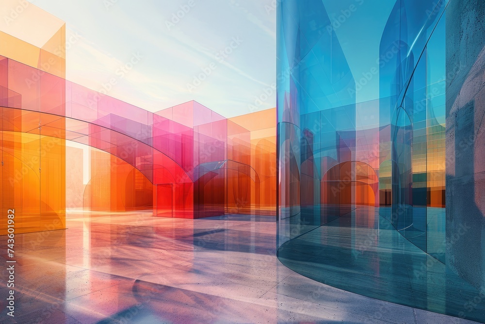 Modern abstract glass architectural shapes exposed several times. Generative Ai.