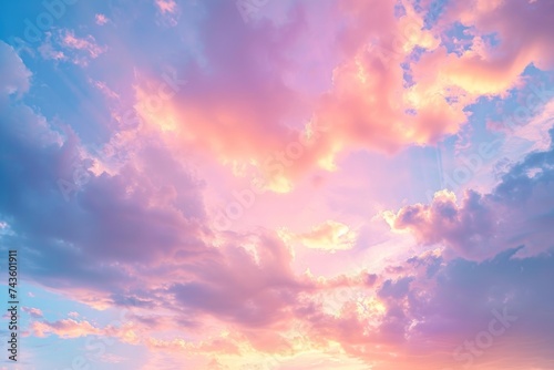 A panoramic view of a dreamlike sky with fluffy clouds tinged with pink and orange hues, illuminated by the soft, radiant light of a setting or rising sun.