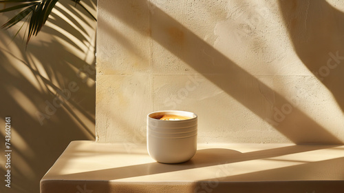 Vegan plant-based oat flat white cup of coffee in modern contemporary minimalist trendy stylish cafe setting with stucco concrete wall, product photography, outdoors, sunny, bright, shadows, palm 