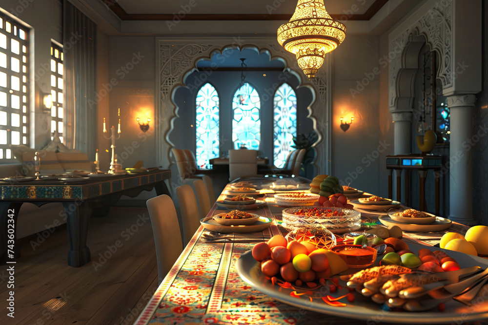 arabic dining room with ramadan food. ramadan kareem concept