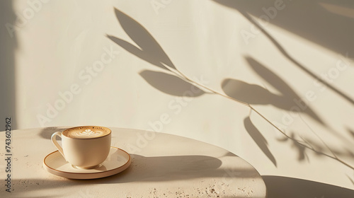 Vegan plant-based oat flat white cup of coffee in modern off-white minimalist trendy stylish cafe setting with stucco concrete wall, product photography, outdoors, sunny, bright, shadow play photo