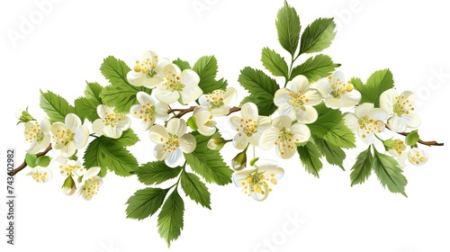 Hawthorn or Crataegus monogyna branch with flowers isolated on white background, generative ai