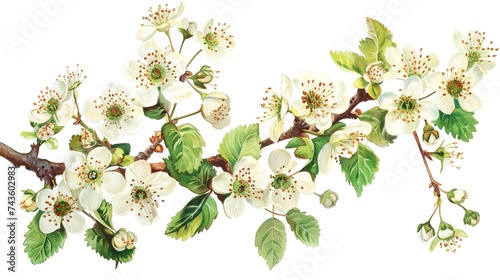 Hawthorn or Crataegus monogyna branch with flowers isolated on white background, generative ai