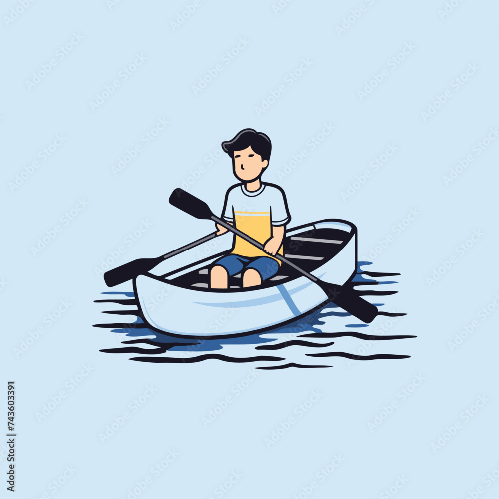 Man rowing in a boat. Vector illustration in flat style.