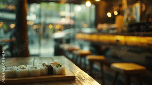 Panoramic view of platter of sushi rolls on a restaurant background.