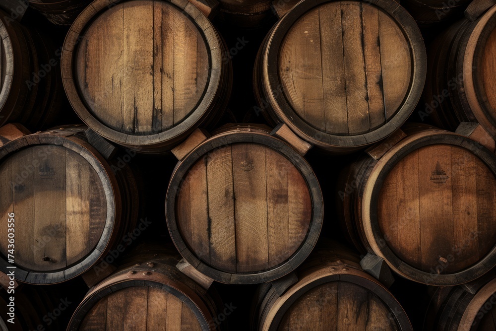 Stacked wooden barrels in a cellar, creating a pattern with the warm ambient lighting accentuating the texture of the wood.