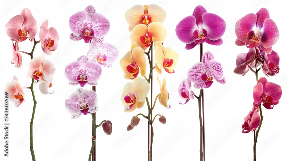 Obraz premium set of different orchid flowers branches isolated on white background, generative ai