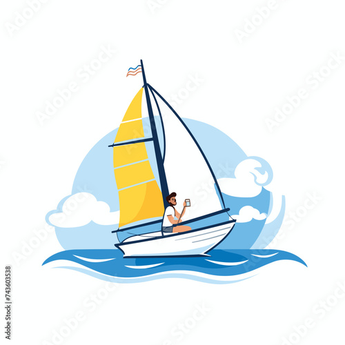 Vector illustration of a sailboat in the sea. Flat style.