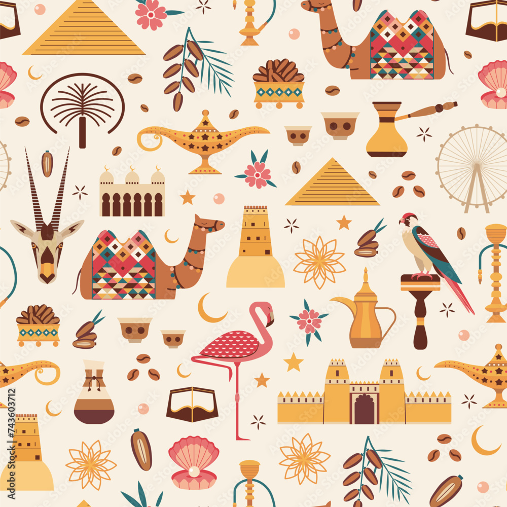 UAE Travel Pattern with Arabic Animals and Symbols
