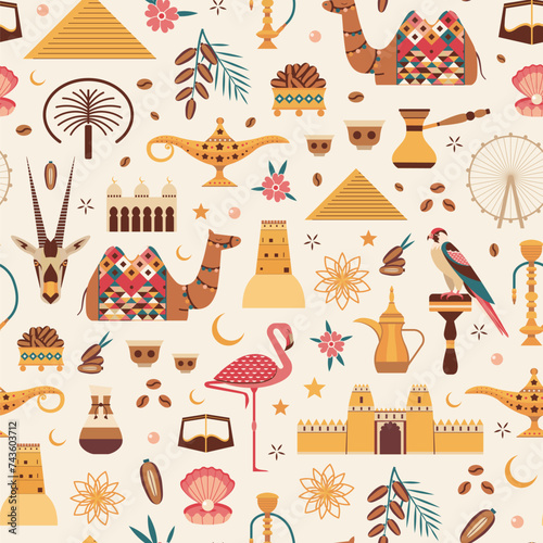 Obraz na płótnie UAE Travel Pattern with Arabic Animals and Symbols w salonie