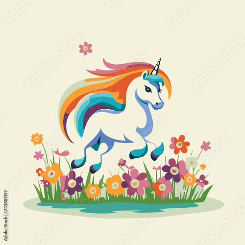 Unicorn in the meadow with flowers. Vector illustration.