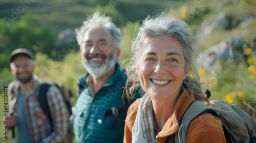 Cheerful elderly senior tourist man leads a multigenerational group of people, healthy retired male using experience hiking to start new occupation tourist guide hiker outdoor activities exploration