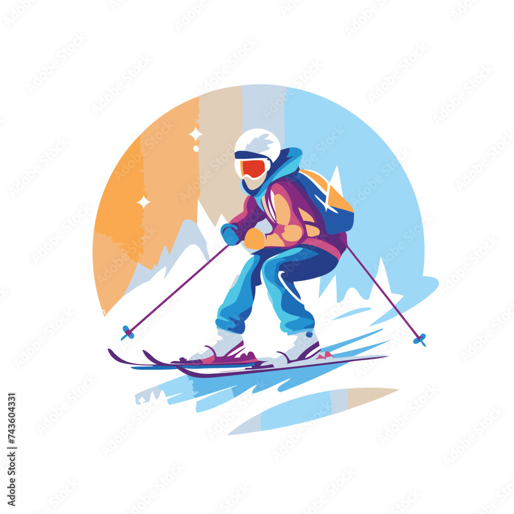 Skiing and skier. Vector illustration in flat style.