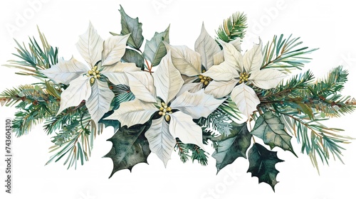 Watercolor christmas flowers arrangement. White poinsettia, branches of spruce and winter greenery for greeting cards and invitations. Winter wedding floristic design., generative ai photo