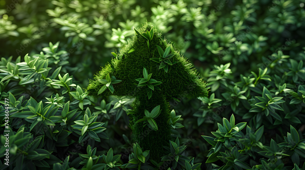 A vibrant green up arrow symbol, crafted from lush grass, representing sustainable growth, eco-friendly progress, and positive environmental development.