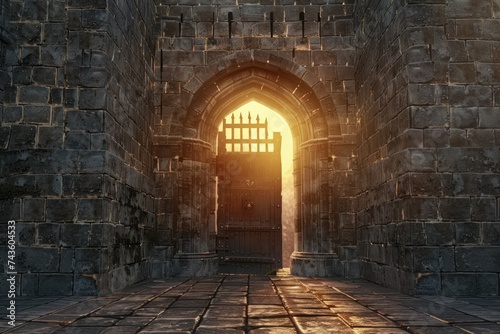 The entrance of a medieval castle at sunset, with the gate open, inviting entry into a world of historical fantasy. photo