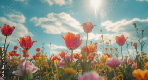 Spring   s symphony  vivid tulips reaching towards the sky in full bloom  embodying rebirth and natural beauty. Spring  nature s cycles  and the concept of rebirth and new beginnings.