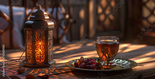 arabic lantern on a wooden table with dates on plate and glass of tea. ramadan kareem holiday celebration concept