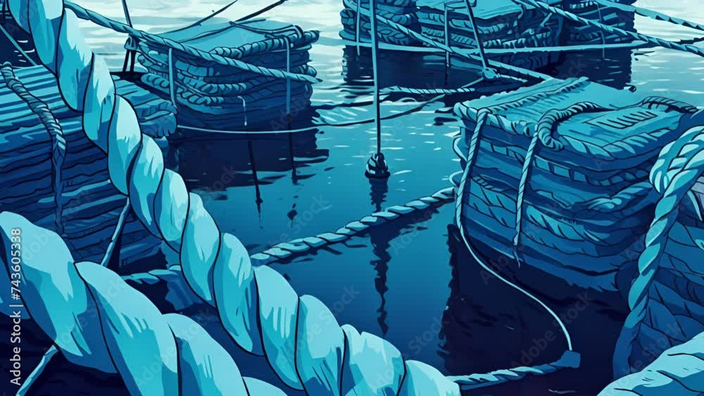 Blue rope is tightly woven around stacks of equipment securing them to the deck and ensuring their stability during rough seas. Blue rope is tightly woven around stacks of equipment securing them to the deck and ensuring their stability during rough seas.