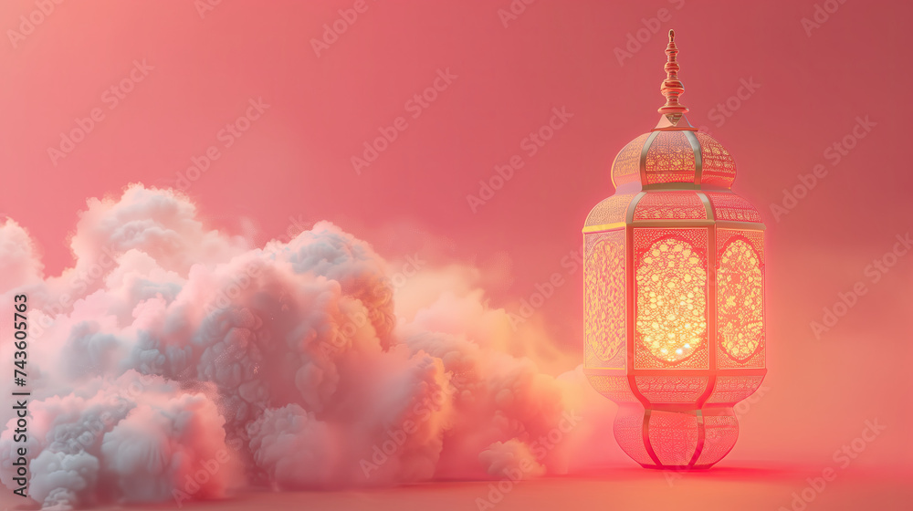 3d pink ramadan lantern with cloud on pink background. islamic cartoon. ramadan kareem holiday celebration concept