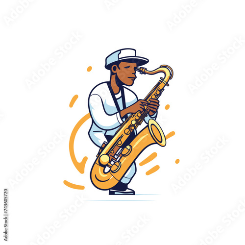 African American jazz musician playing the saxophone. Vector illustration in cartoon style