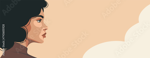 Vector horizontal banner, poster with a portrait of a woman's face in a sideways pose in beige tones for Women's Day. Movements for gender equality and women's empowerment