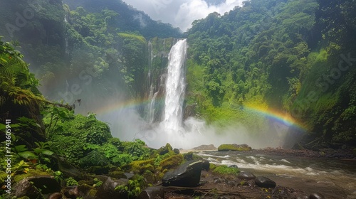A breathtaking tropical waterfall cascades down a cliff  creating a vibrant rainbow in the misty air of a lush green forest.