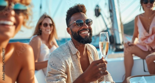 Group of diverse friends having fun together and drinking champagne while sailing in the sea on luxury yacht. © radekcho