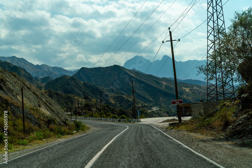View from the car of an asphalt road in the mountainous area of Dagestan