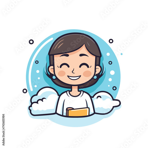 Cute little girl with a book on the cloud. Vector illustration.