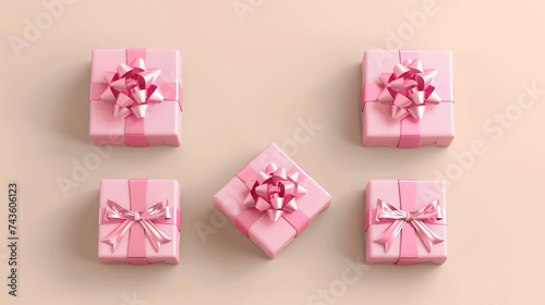 3D pink gift box element set isolated on light beige background. Four pink gift boxes with bows and ribbons in different angles., generative ai © irvan