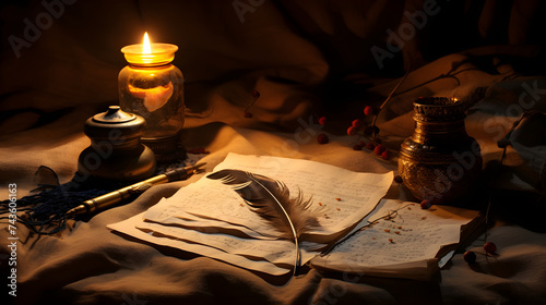 An Enlightened Journey Through the Sands of Melodic Ghazal Poetry: Antique Parchment, Quill, and Oil Lamp photo