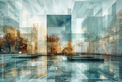 Modern abstract glass architectural shapes exposed several times. Generative Ai.