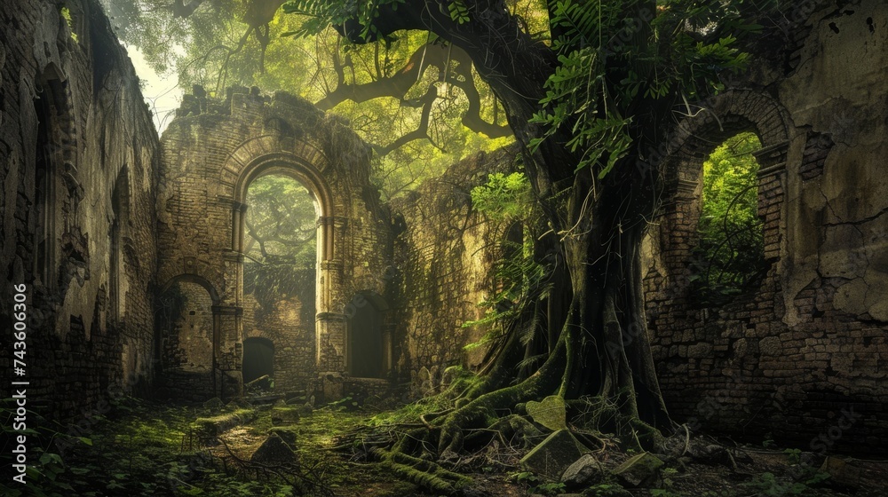 Dappled sunlight breaks through the canopy, illuminating the haunting ruins of an ancient church reclaimed by nature.