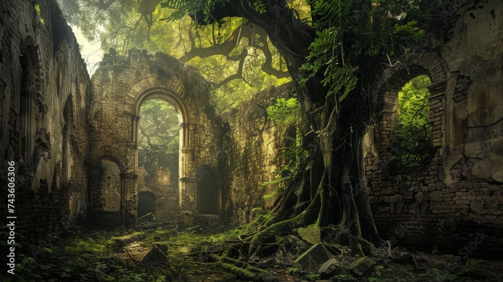 Dappled sunlight breaks through the canopy, illuminating the haunting ruins of an ancient church reclaimed by nature. Dappled sunlight breaks through the canopy, illuminating the haunting ruins of an ancient church reclaimed by nature.