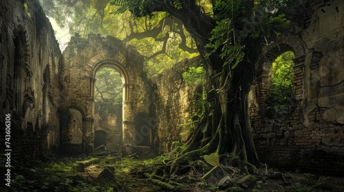 Dappled sunlight breaks through the canopy, illuminating the haunting ruins of an ancient church reclaimed by nature.