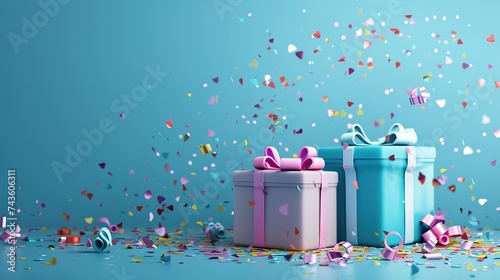 A box with gifts and confetti. For online sale. Birthday, mother's day and christmas day. 3d rendering illustration, generative ai