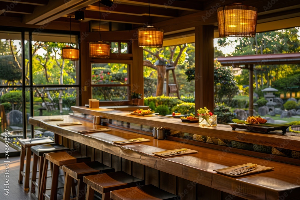 A traditional Japanese sushi bar interior, with warm lighting and a view of the serene garden outside, providing an authentic dining experience.