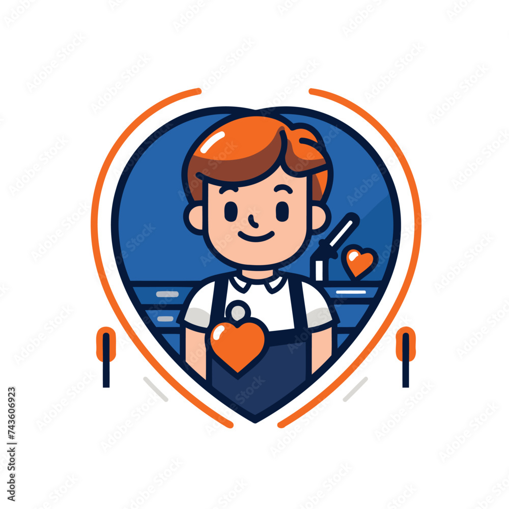 Vector illustration of a boy with a heart in the form of a shield