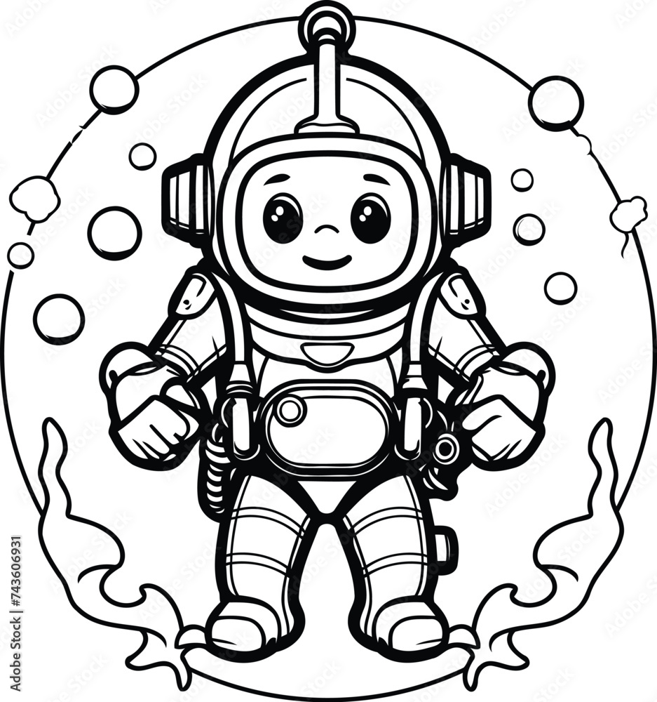 Cute Cartoon Astronaut. Vector Illustration for Coloring Book