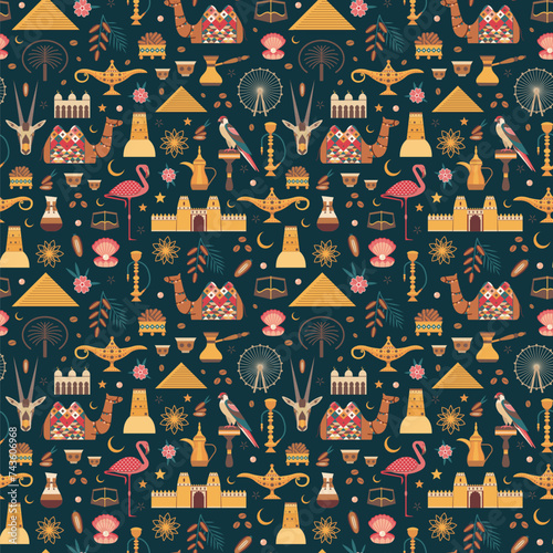 Obraz na płótnie UAE Travel Pattern with Arabic Animals and Symbols w salonie
