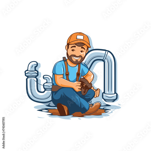 Plumber with pipe. Repairman cartoon character. Vector illustration.