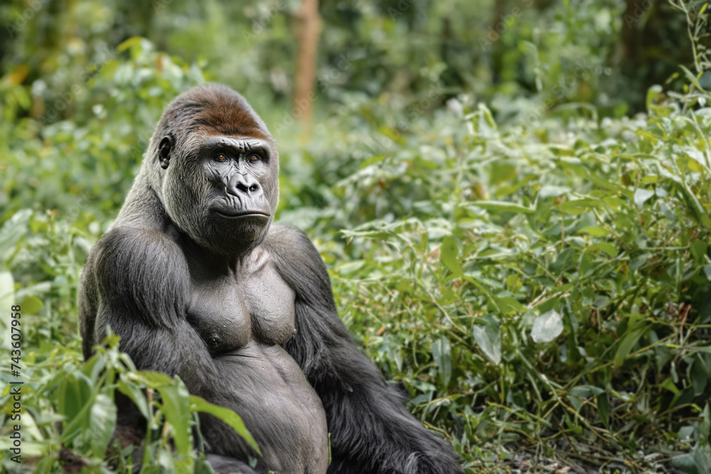 Portrait of a male gorilla, close-up. Male gorilla in natural conditions. Created with the help of artificial intelligence. Portrait of a male gorilla, close-up. Male gorilla in natural conditions. Created with the help of artificial intelligence.