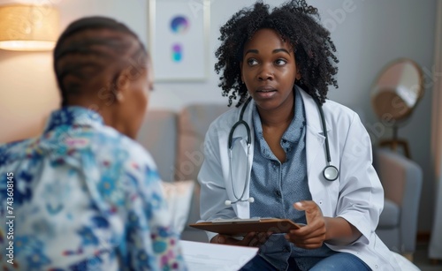Attentive medical consultation: black Afrcian American doctor discussing health concerns with patient in a comforting clinical environment. Promoting patient-centered care services.