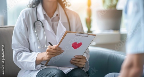Doctor holding clipboard with heart symbol during consultation. heart health, patient support, or healthcare advocacy. photo