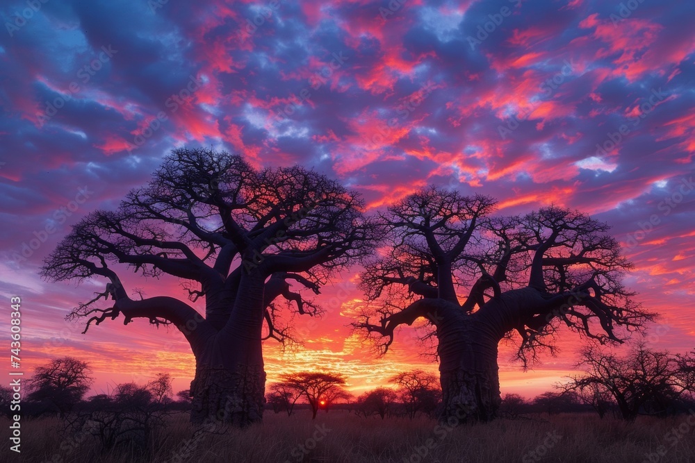 Baobab trees silhouetted against a vivid sunset - obrazy, fototapety, plakaty 